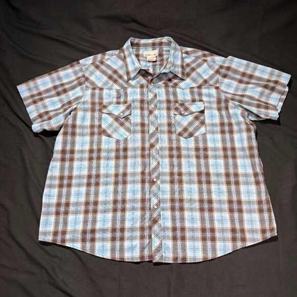 Wrangler Wrancher Men's Shirt 3X Blue/Brown Plaid Pearl Snap Short Sleeve - Picture 2 of 8